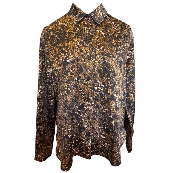 Evereve Sasha Satin Abstract Print Buttoned Blouse Shirt Top Size M Black Olive - Picture 1 of 10